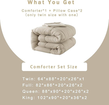 DOWNCOOL Twin Comforter Set -All Season Bedding Comforters Sets with 1 Pillow Case -2 Pieces Bed Set Down Alternative Comforter Set -Beige Twin Bedding Sets(64"x88")