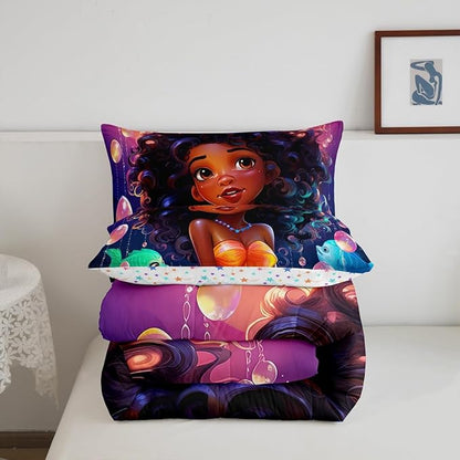 Afro-American Girl Twin Comforter Set for Little Girl,Afro Kid Princess Melanin Bedding Set,Ocean Fish Toddlers American Black Girls Quilt for Girls Bedroom