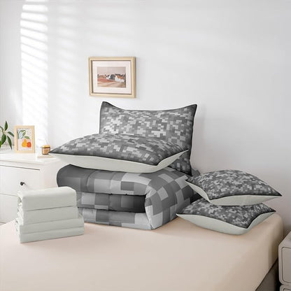 Castle Fairy Grey Pixel Grid 7 Piece Bedding Set Queen Size,Miner Video Games Comforter & Sheet Sets Abstract Camouflage Bed in a Bag Grid Flat & Fitted Sheets,4 Pillow Covers