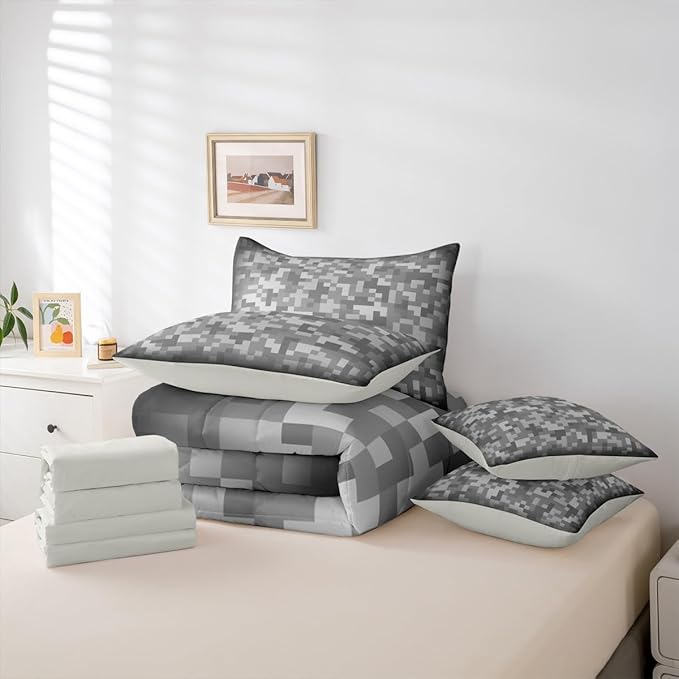 Castle Fairy Grey Pixel Grid 7 Piece Comforter & Sheet Sets King Size,Miner Video Games Bedding Set Abstract Camouflage Bed in a Bag Grid Flat & Fitted Sheets,4 Pillow Covers