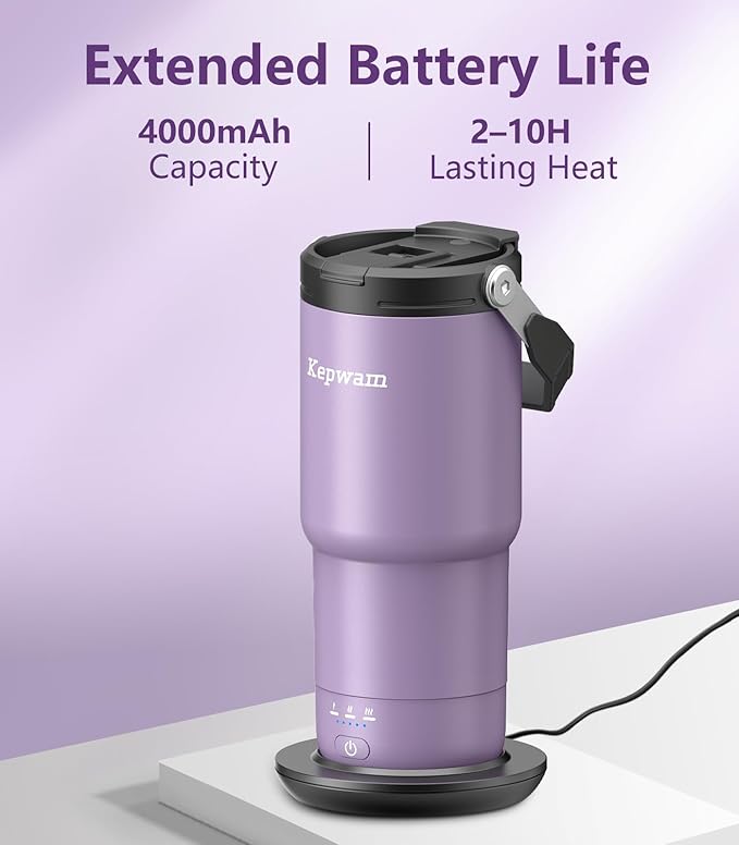 Kepwam T3 Self-Heating Travel Mug 20oz, Temperature-Controlled Coffee Warmer Mug, Smart Travel Coffee Mug Keep Coffee Drinks Hot, Heated Mug Great for Driver Outdoor Fits Car Cup Holders