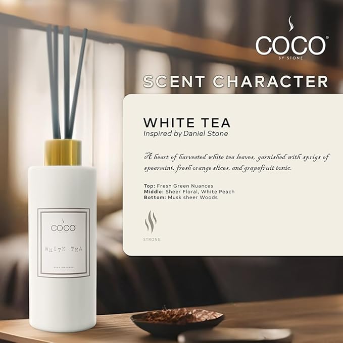 COCO by Stone 5oz Reed Diffuser (White Tea) – Luxury Scented Oil Diffuser for Home Aromatherapy, Long-Lasting Vegan Fragrance, Elegant Home Décor and Air Freshener