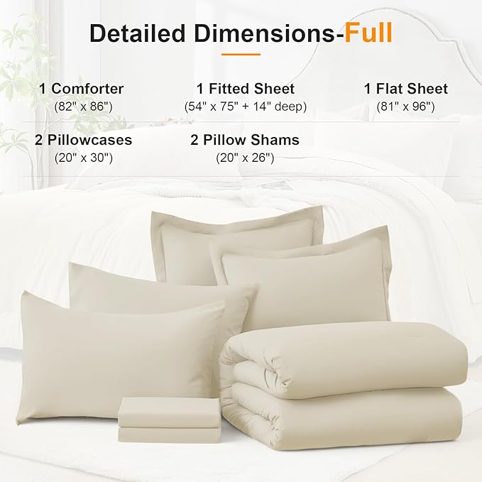 Full Comforter Set 7 Piece - Soft Bed in a Bag Queen Size Comforter Sets, Cozy Luxury Bedding Sets with All Season Comforter, Flat Sheet, Fitted Sheet,2 Pillowcases & 2 Shams, Beige