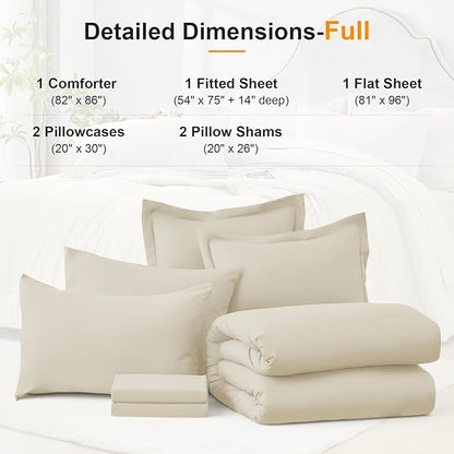 Full Comforter Set 7 Piece - Soft Bed in a Bag Queen Size Comforter Sets, Cozy Luxury Bedding Sets with All Season Comforter, Flat Sheet, Fitted Sheet,2 Pillowcases & 2 Shams, Beige