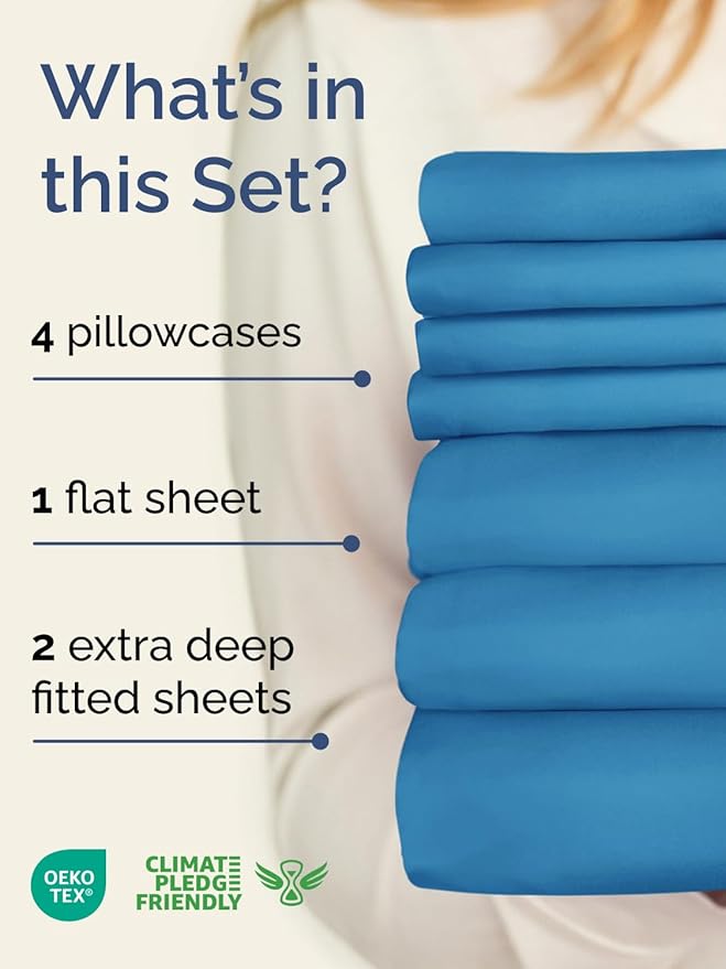 Extra Deep Split King Sheet Set - 7 Piece Breathable and Cooling Sheets - Hotel Luxury Bedding for Women, Men, Kids & Teens - Easy Secure Fit - Soft & Wrinkle Free - Extra Deep Pockets - Denim Blue