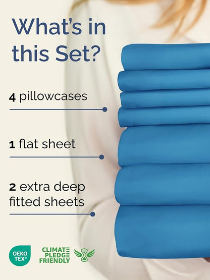 Extra Deep Split King Sheet Set - 7 Piece Breathable and Cooling Sheets - Hotel Luxury Bedding for Women, Men, Kids & Teens - Easy Secure Fit - Soft & Wrinkle Free - Extra Deep Pockets - Denim Blue