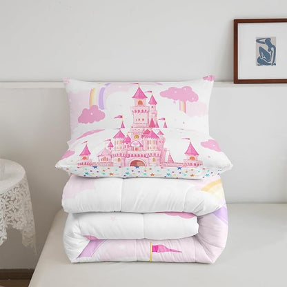 Feelyou Kids Queen Pink Castle Comforter Set Rainbow Castle Bedding Set Girls Princess Comforter Fairy Tales Duvet Set Girls Bed Set 3Pcs