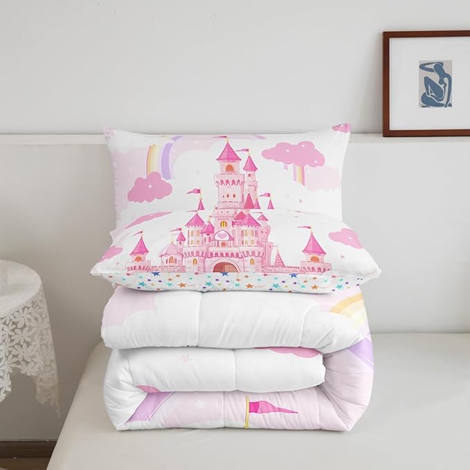 Feelyou Kids Toddler Pink Castle Comforter Set Boys Rainbow Castle Bedding Set Girls Princess Comforter Fairy Tales Duvet Set Girls Bed Set 2Pcs