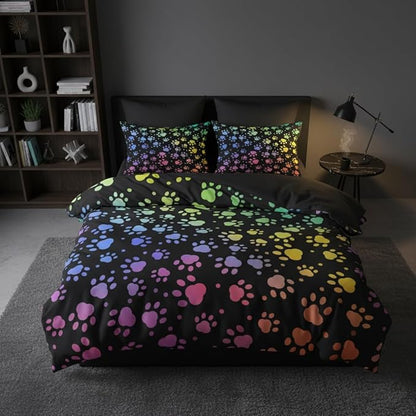 Puppy Comforter Set Full Size, Cartoon Paw Bedding Set, 3 Pieces Cute Bedroom Decor with 2 Pillowcases/79 * 90