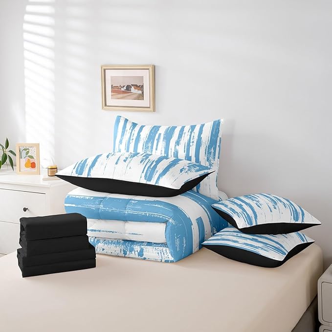 Erosebridal 7Pcs Sky Blue White Ink Painting Watercolor Comforter Set Queen,Abstract Art Aesthetic Striped Bed in A Bag for Adults Men,Boho Modern Graffiti Gradient Geometric Bedding with Bed Sheets