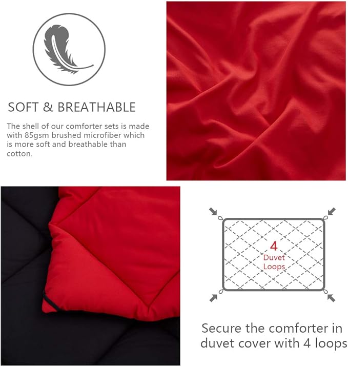 NexHome Queen Comforter Set Black&Red,3 Pieces Lightweight Comforters Queen Size Reversible Bedding Comforters Sets,Down Alternative Comforter Bed Set Quilt Blanket(88x88In Comforter & 2 Pillowsham)