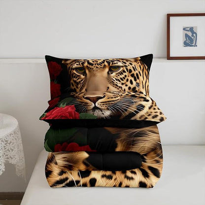 Erosebridal Red Rose Cheetah Bedding Set,Cat Leopard Print Comforter Set,Romantic Flowers Down Comforter,Animal Theme Bedroom Decor for Boys Girls Youth Men Women Female,King Size