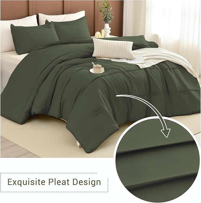 CozyTide Cotton King Size Comforter Set(106"x95"),Olive Green Pinch Pleated Bedding Set,3 Pieces Lightweight Dark Green Cal King Bedding Comforter Set Ultra Soft