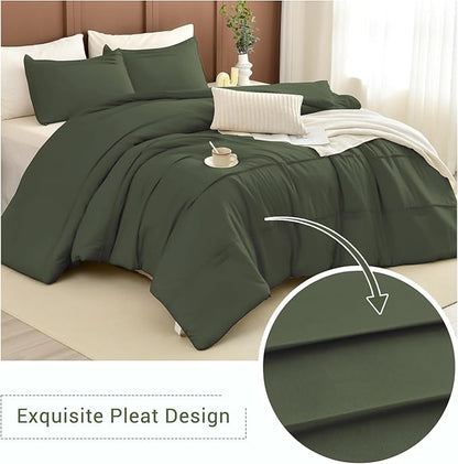 CozyTide Cotton King Size Comforter Set(106"x95"),Olive Green Pinch Pleated Bedding Set,3 Pieces Lightweight Dark Green Cal King Bedding Comforter Set Ultra Soft