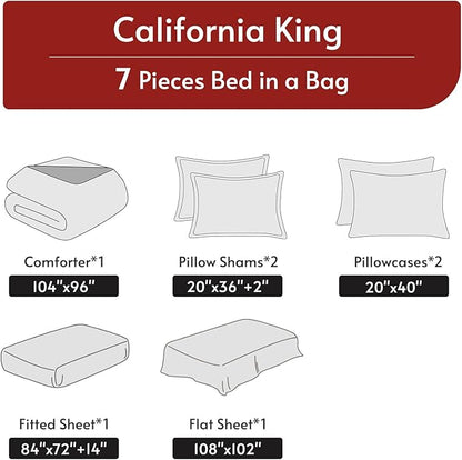 MUXHOMO 7 Pieces California King Comforter Set, Reversible Bed in a Bag Cal King Size, All Season Bedding Set with Comforter, Flat Sheet, Fitted Sheet, Pillowcases & Shams, Burgundy & Grey