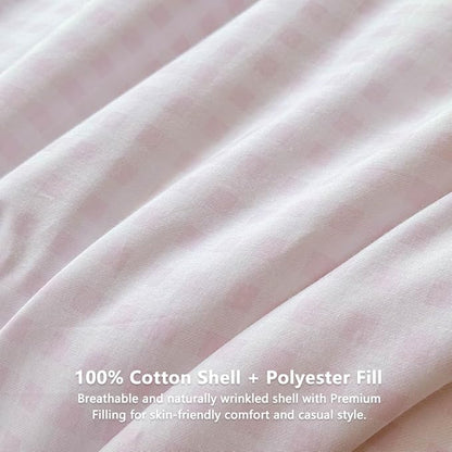 NSNLGSGC Pink Gingham Cotton Comforter Set Queen, 100% Washed Cotton Plaid Checked Comforter Bedding, 3 Pieces Vintage Farmhouse Grid Bedding Set(Pink Gingham, Queen)