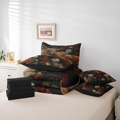 Erosebridal Brown Cattle Full Bedding Set - Floral Highland Cow Bed in A Bag,Hippie Groovy Flowers Comforter Sets with Sheets, Vintage Floral Animal 7 Pieces Bed Set Bedroom Decor