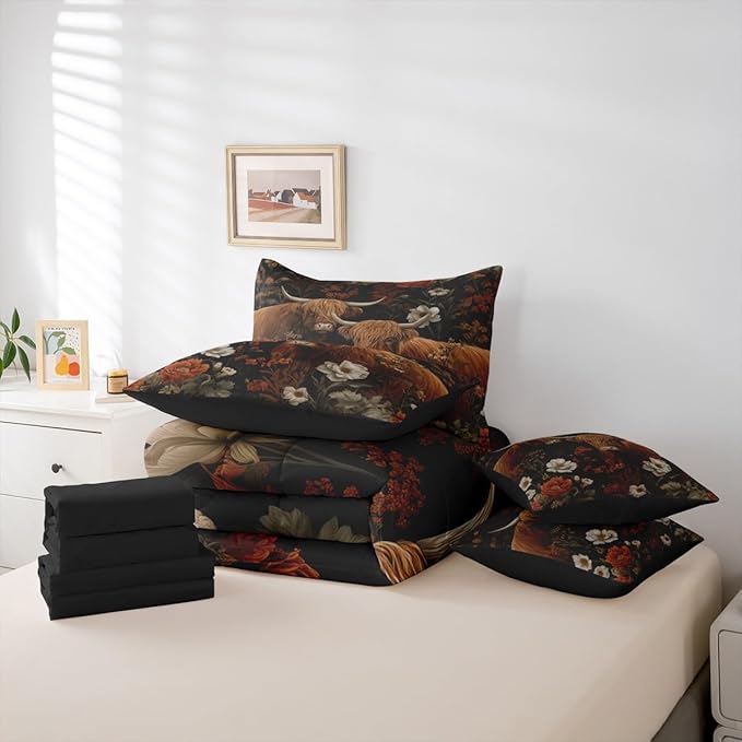 Erosebridal Brown Cattle Queen Bedding Set - Floral Highland Cow Bed in A Bag,Hippie Groovy Flowers Comforter Sets with Sheets, Vintage Floral Animal 7 Pieces Bed Set Bedroom Decor