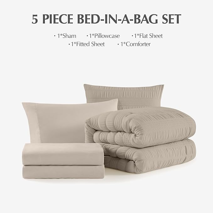 CASAAGUSTO Twin XL Comforter Set, 5 Pieces Oatmeal Seersucker Bed in a Bag Twin Soft All Seasons, Bedding Sets with Comforter, Flat Sheet, Fitted Sheet, 1 Pillow Sham, 1 Pillowcase