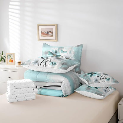 Feelyou Flower Comforter Set Queen Size 7 Pieces Vintage Floral Bedding Set for All Season Butterfly Botanical Nature Theme Bed in a Bag with Comforter, Sheets, Pillowcases & Cushion Cover