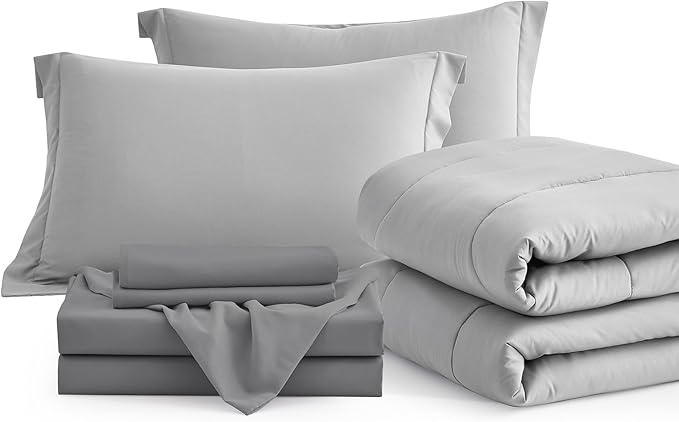 Maple&Stone Queen Comforter Set Grey, 7 Pieces Bed in a Bag - Down Alternative Bed Set with Comforter, Sheets, Pillowcases & Shams, All Season Lightweight Bedding Set, Light Grey