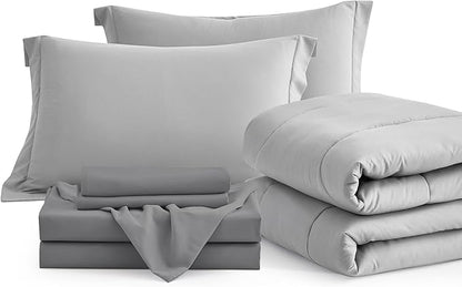 Maple&Stone Queen Comforter Set Grey, 7 Pieces Bed in a Bag - Down Alternative Bed Set with Comforter, Sheets, Pillowcases & Shams, All Season Lightweight Bedding Set, Light Grey
