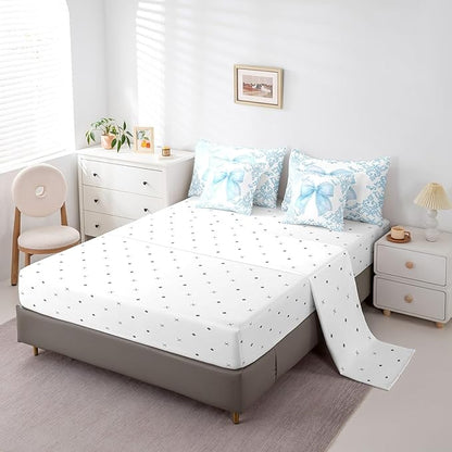 jejeloiu Girls Pretty Ribbon Blue Bow 7 Piece Bedding Set Queen Size Blue Damask Comforter Set with Sheets for Kids Women Cute Bow Bed in a Bag Princess Bed Set