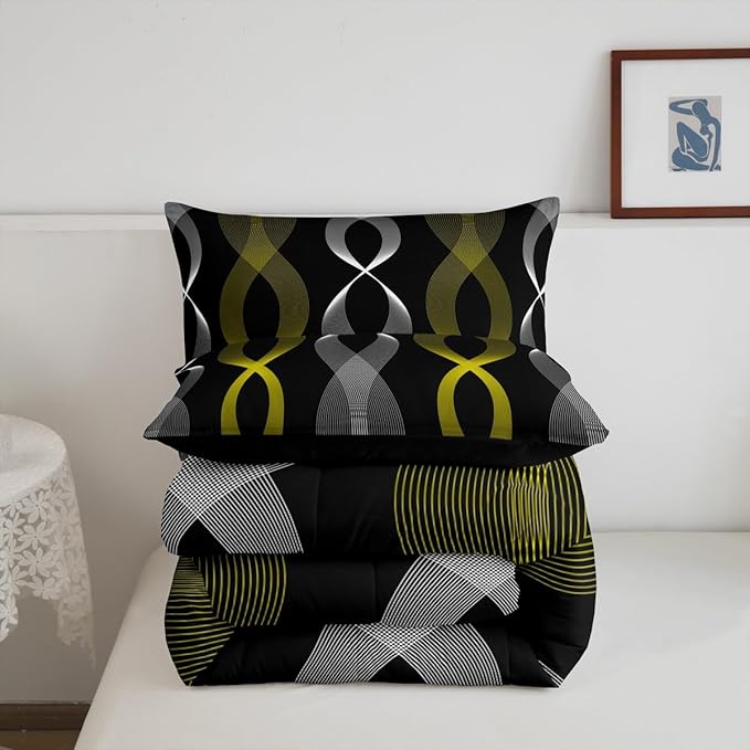 Erosebridal Black and Yellow Striped King Bedding Set, Modern Boho Abstract Stripes Comforter Set for Women Men Bedroom, Contemporary Geometric Wavy Lines Comforter, Gradient Aesthetic Stripe Quilt