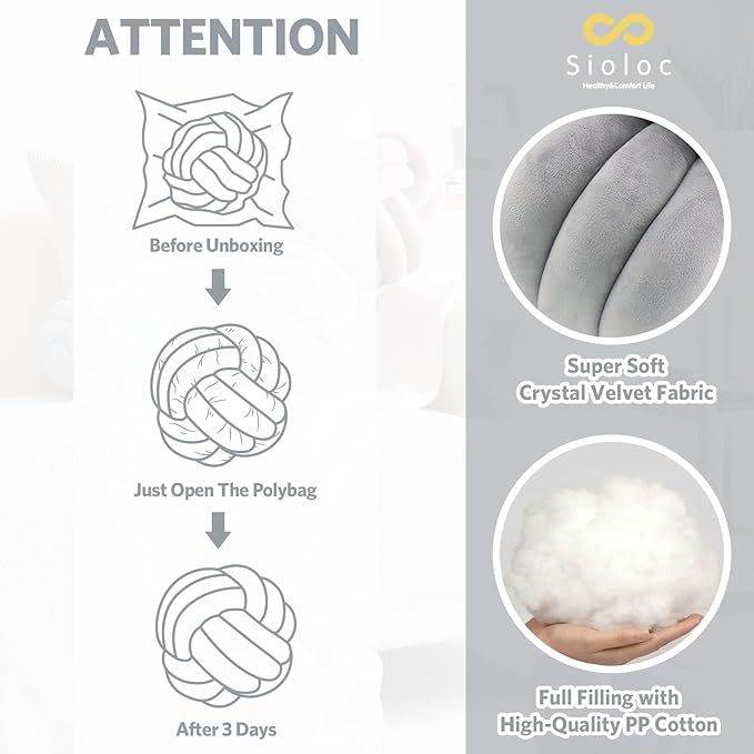 Sioloc Soft Knot Ball Pillows,Round Throw Pillow Cushion Home Decoration Plush Pillow,Throw Knotted Pillow Handmade Round Plush Pillow（10.6inches,Grey）