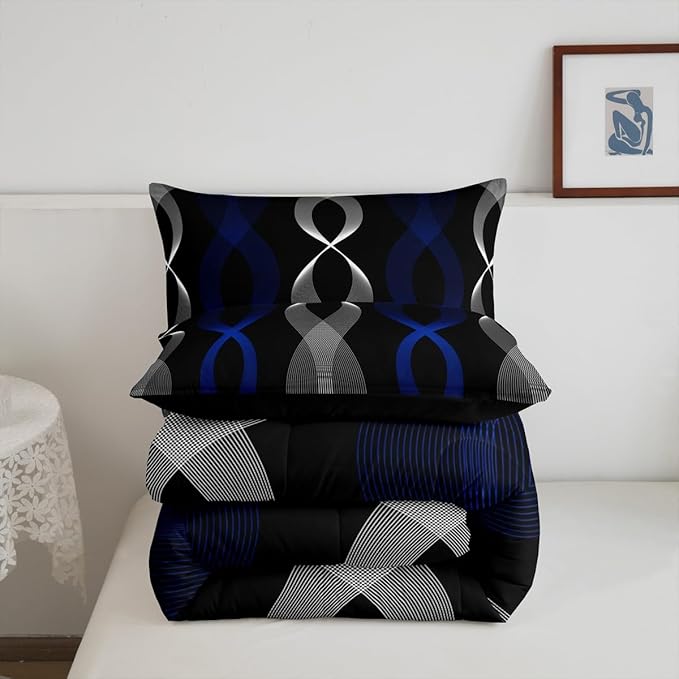 Erosebridal Blue Black Abstract Bedding Set Toddler for Boys, Blue Striped Comforter Set, Ombre Geometric Stripes Quilt for Men Adults Bedroom, Modern Aesthetic Art Lines Boho Comforter