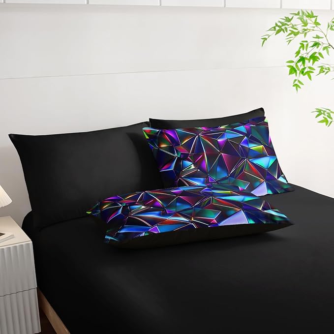 7 Piece Purple Geometric Abstract Pattern Comforter Set King Size，Abstract Diamond Print Bedding King，(1 Comforter, 1 Flat Sheet, 1 Fitted Sheet, 2 Pillowcase and 2 Pillow Sham)