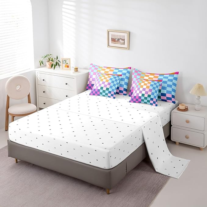 Feelyou Multicolored Checkered Retro Bedding Sets Kids Boys Girls Geometric Vintage Comforter Bed in a Bag Twin Size Rainbow Colorful Bed Duvet Insert Modern Groovy Aesthetic Room Decor