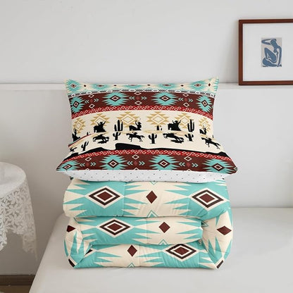 Feelyou Boho Comforter Set Twin Size Horses Comforter Southwestern Native Aztec Bedding Set Farmhouse Wildlife Duvet Set Room Decor Beige Blue Quilt Set