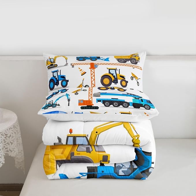 Excavator Comforter Set Queen Tractor Bedding Set For Teens Child Construction Trucks Down Comforter Yellow Blue Machinery Vehicle Equipment Truck Room Decor Forklift Bulldozer Crane Quilted Duvet