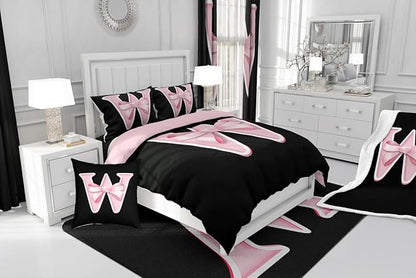 jejeloiu Kawaii Pink Bow Full Comforter Set with Sheets,Gifts for Women Teen Girl,Monogrammed 7 Piece Bedding Set,Soft Personalized Initial Letter W Bed in a Bag with Comforter,Sheets,Pillowcases