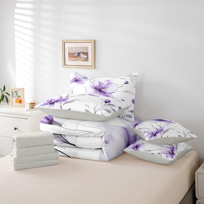 Erosebridal Bohemian Flower Queen Comforter Set with Sheets, Purple Floral Artistic 7 Pcs Bedding Set for Women, Elegant Watercolor Floral Boho Bed in A Bag, Ink Painting Blossom & Leaf Bed Sets