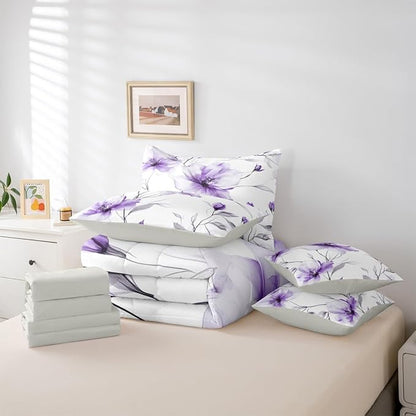 Erosebridal Bohemian Flower Queen Comforter Set with Sheets, Purple Floral Artistic 7 Pcs Bedding Set for Women, Elegant Watercolor Floral Boho Bed in A Bag, Ink Painting Blossom & Leaf Bed Sets