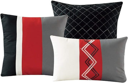 Chezmoi Collection Arden 7-Piece Modern Pleated Stripe Embroidered Zigzag Bedding Comforter Set (California King, Red/Black/Gray/Off-White)