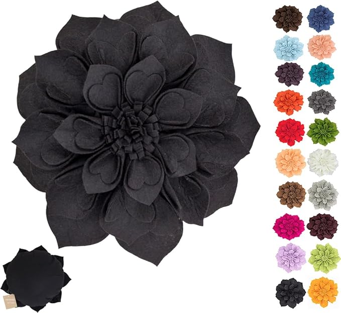 Fennco Styles Handmade 3D Heart-Shaped Petals Flower Decorative Filled Throw Pillow 13" Round - Black Floral Pillow for Couch, Home Décor and Holiday, Housewarming Gift