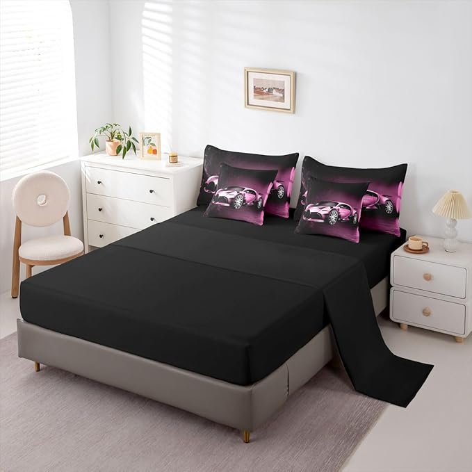 Feelyou Sports Car 7 Piece Bedding Set Pink Race Car Comforter Set with Sheets Kids Boys Girls Extreme Sports Theme Bed in a Bag Cool Speed Luxury Car Decor Bed Set with 2 Pillowcases King Size