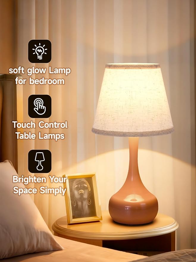 3-Way Dimmable Touch Table Lamps for Nightstand - Small Bedside Lamps with Fabric Shade in Black, Farmhouse Style Desk Lamp for Bedroom, Kids Room, Living Room, Home Office & Reading (Pink)