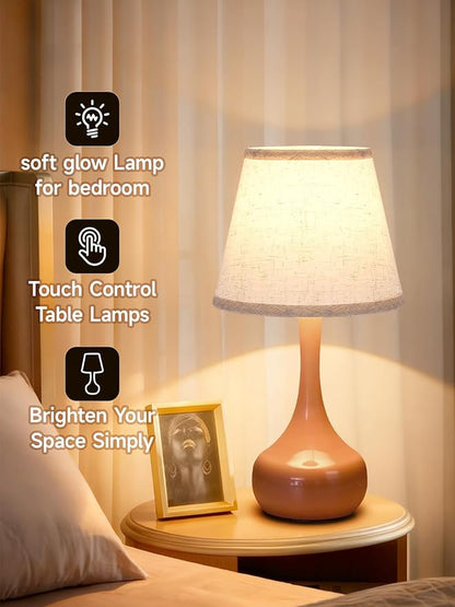 3-Way Dimmable Touch Table Lamps for Nightstand - Small Bedside Lamps with Fabric Shade in Black, Farmhouse Style Desk Lamp for Bedroom, Kids Room, Living Room, Home Office & Reading (Pink)