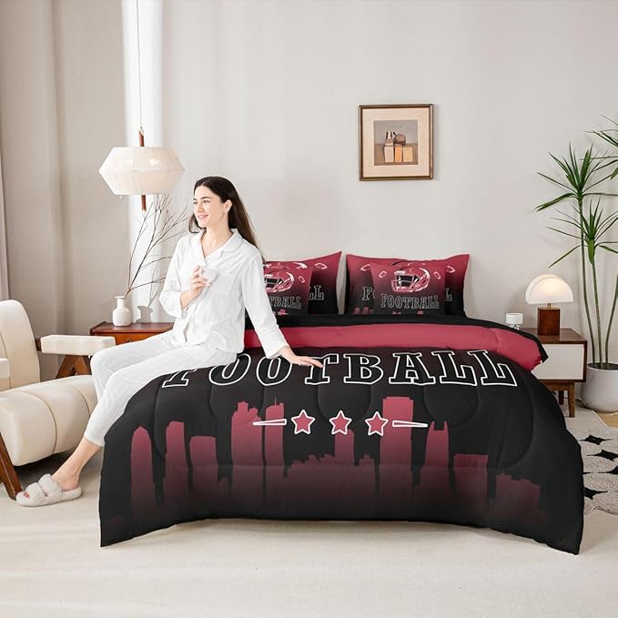 Erosebridal American Soccer Boys Queen 7 Piece Bedding Set Football City Comforter Set with Sheets Sports Rugby Bed in A Bag for Kids Teen Adults,Red Black Ball Sports Games Bed Set
