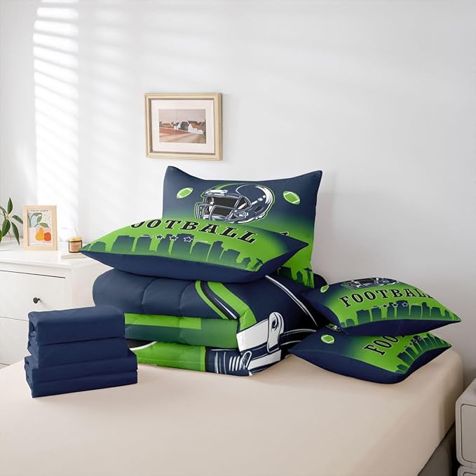 Erosebridal Football Bed in A Bag American Soccer Sports 7 Piece Bedding Set Rugby Sports Games Comforter Set with Sheets Blue Green Soft Lightweight Bed Set Queen for Kids Boys Teen Adults