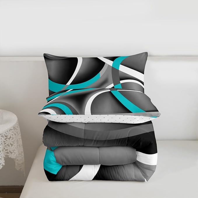 Castle Fairy Retro Circle Comforter Set Queen Size Blue Gray Black Bedding Set for Kids Boys Girls Bedroom Decoration Stripe Line Art Bed Duvet Insert Geometric Modern Comforter with 2 Pillowcase