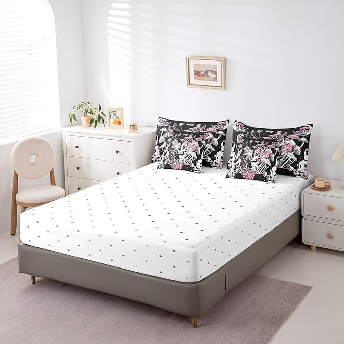 Feelyou Sugar Skull Bedding Set with Comforter, Queen Size 7Pcs Halloween Themed Comforterative Pink Death Moth Bed in a Bag with Comforter, Boho Mushroom Room Decor