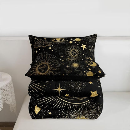 Erosebridal Star Moon Bedding Set King Size,Starry Sky Series Comforter Set Kids Child,Cosmic Planets Sun Face Pattern Duvet Insert Boys Girls,Hippie Quilted Duvet,Soft Living Bedroom Decor