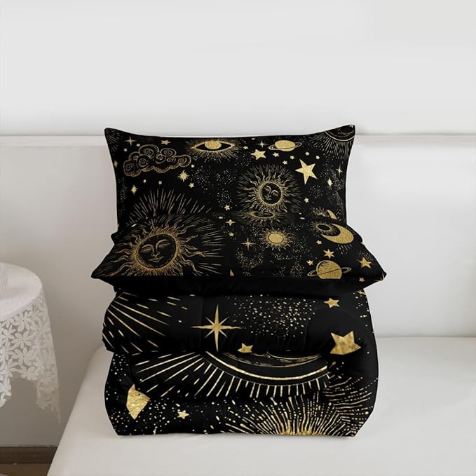 Erosebridal Star Moon Bedding Set Twin Size, Starry Sky Series Comforter Set Kids Child, Cosmic Planets Sun Face Pattern Duvet Insert Boys Girls, Hippie Quilted Duvet, Soft Living Bedroom Decor