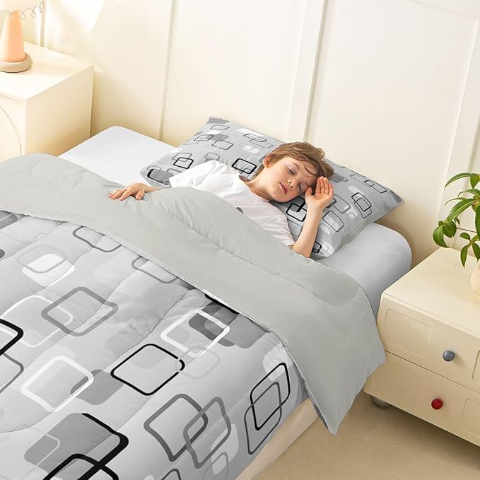 Erosebridal Gray Abstract Squares Bedding Set Twin Modern Aesthetic Geometric Comforter Set for Kids Girls Boys Minimalist Striped Down Comforter Boho Neutral Plaid Quilt Duvet