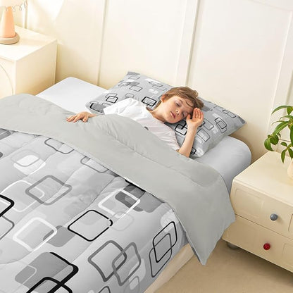 Erosebridal Gray Abstract Squares Toddler Bedding Set Modern Aesthetic Geometric Comforter Set for Kids Girls Boys Minimalist Striped Down Comforter Boho Neutral Plaid Quilt Duvet